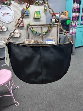 Women's Black Crescent Shoulder Bag with Gold Chain